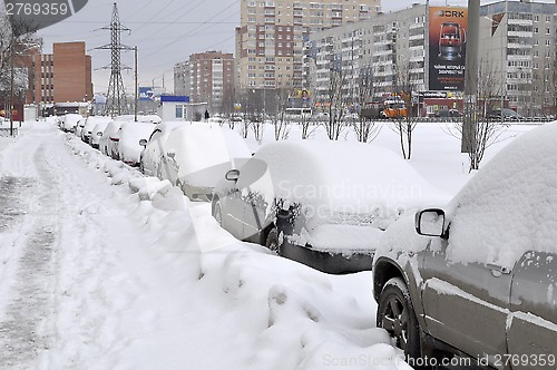 Image of The cars brought by snow, stand on a road roadside.