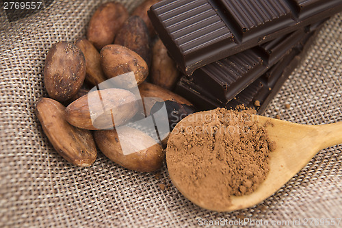 Image of Cocoa (cacao) beans with chocolate