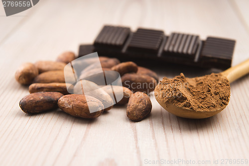 Image of Cocoa (cacao) beans with chocolate