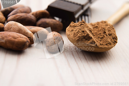 Image of Cocoa (cacao) beans with chocolate