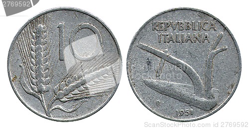 Image of ten liras, Republic Italy, 1951