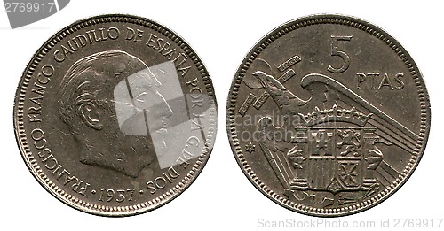 Image of five pesetas, Spain, Francisco Franco, 1957