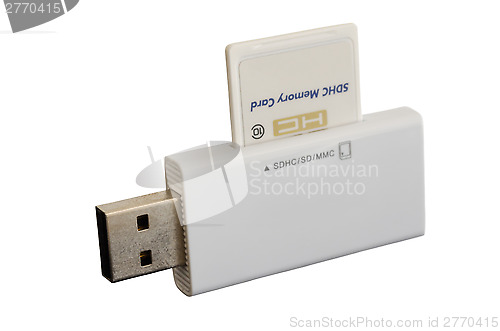 Image of White USB card reader with inserted SDHC card