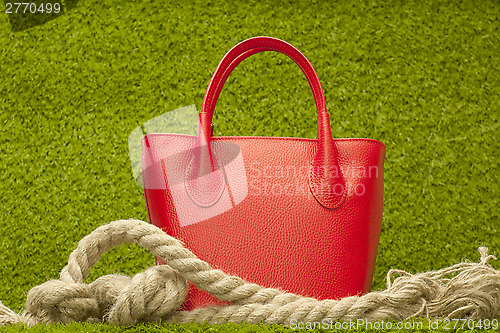 Image of red purse on green grass