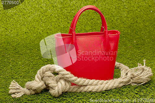 Image of red purse on green grass