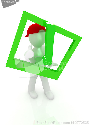 Image of 3d man in a red peaked cap with thumb up and a huge tick