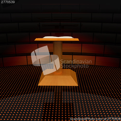 Image of 3d render of podium with an open book 