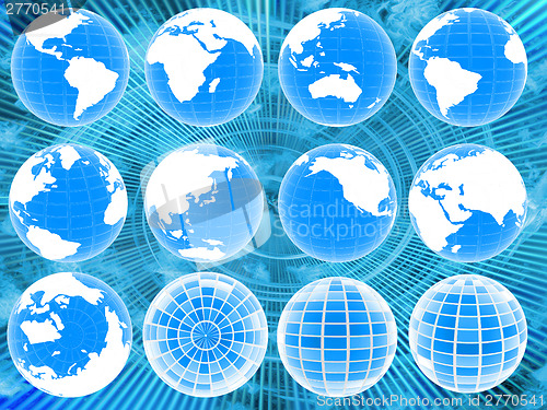 Image of Set of 3d globe icons showing earth with all continents