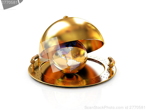 Image of Earth globe on glossy golden salver dish under a golden cover