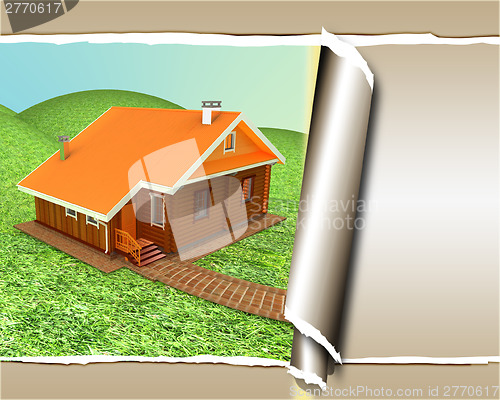 Image of background of wooden travel house or a hotel, with torn paper 