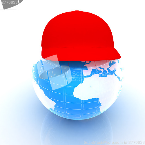 Image of Earth in a red peaked cap. 3d icon. Concept: "Summer Holidays an