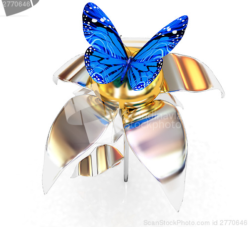 Image of Blue butterflys on a chrome flower with a gold head