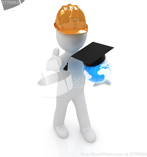 Image of 3d man in a hard hat with thumb up presents the best global tech