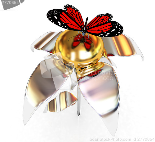 Image of Red butterflys on a chrome flower with a gold head