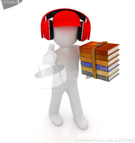 Image of 3d white man in a red peaked cap with thumb up, books and headph