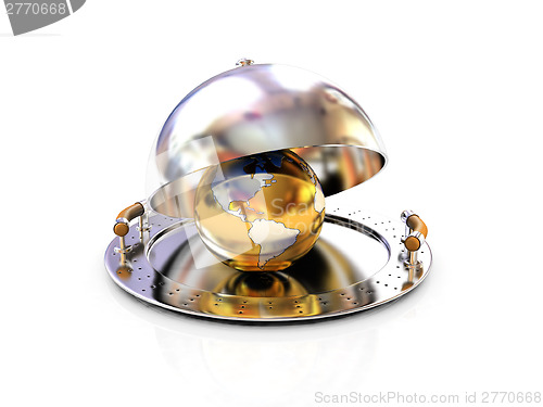 Image of Earth globe on glossy salver dish under a cover