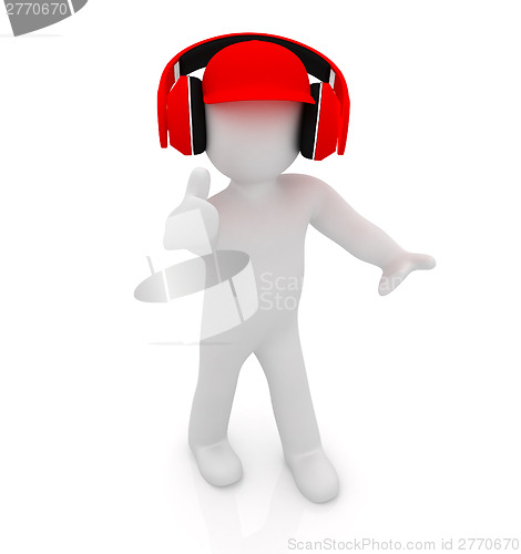 Image of 3d white man in a red peaked cap with thumb up and headphones 