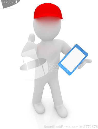 Image of 3d white man in a red peaked cap with thumb up and tablet pc 