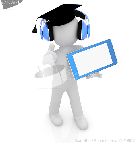 Image of 3d white man in a grad hat with thumb up, headphone and tablet p