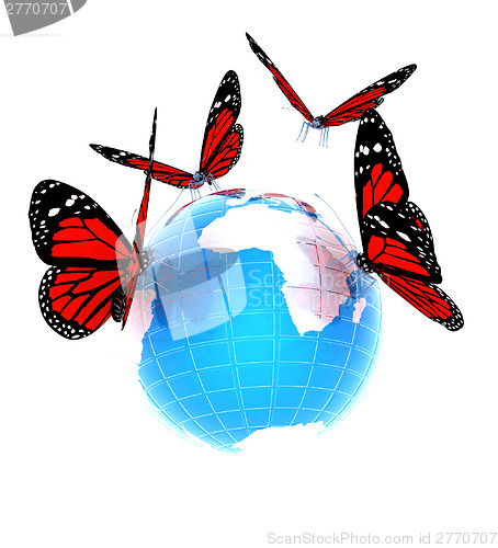 Image of Red butterfly on a abstract blue earth 