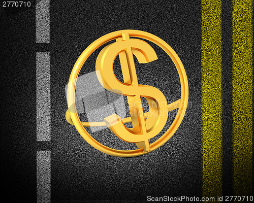 Image of Asphalt abstract background with 3d text gold dollar icon 