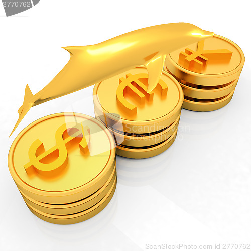 Image of Gold coins with 3 major currencies with golden dolphin