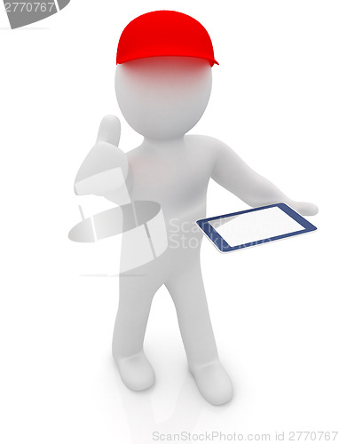 Image of 3d white man in a red peaked cap with thumb up and tablet pc 