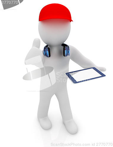 Image of 3d white man in a red peaked cap with thumb up, tablet pc and he