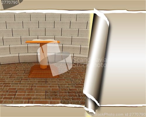 Image of Abstract futuristic interior. Brick scene with cathedra and trib