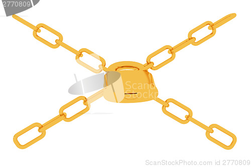 Image of gold chains and padlock on white background - 3d illustration