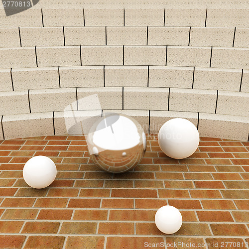 Image of Abstract futuristic interior. Brick scene with chrome sphere and