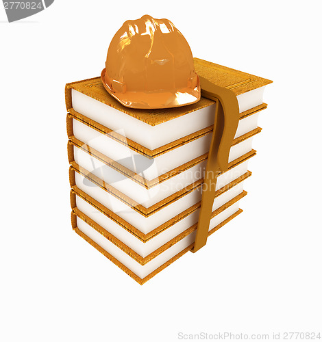 Image of Stack of leather technical book with belt and hard hat