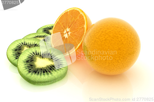 Image of slices of kiwi, orange and half orange