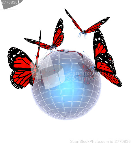 Image of Red butterfly on abstract 3d sphere with blue mosaic design 