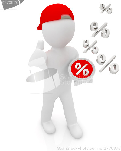 Image of Best percent! 3d man in a red peaked cap keeps the most benefici