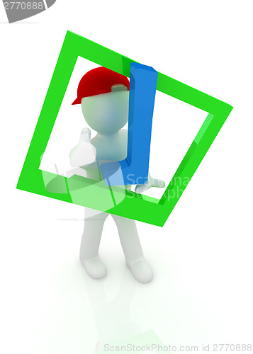 Image of 3d man in a red peaked cap with thumb up and a huge tick