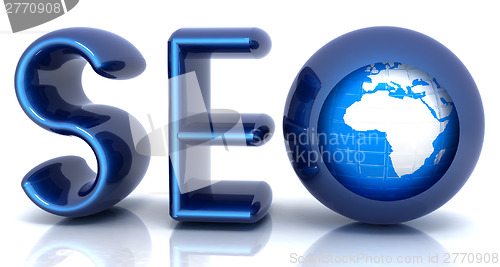 Image of Blue metallic text 'SEO' with earth globe, symbol. 3d illustrati