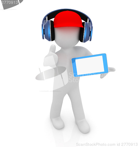 Image of 3d white man in a red peaked cap with thumb up, tablet pc and he