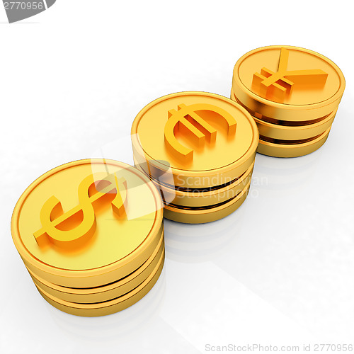 Image of gold coins with 3 major currencies