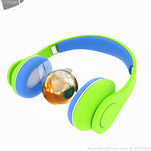 Image of 3d icon of colorful headphones and gold ball