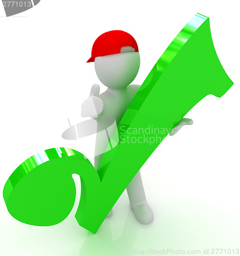Image of 3d man in a red peaked cap with thumb up and a huge tick