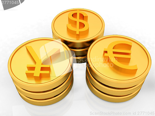 Image of gold coins with 3 major currencies