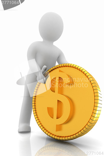 Image of 3d small man with gold dollar coin 