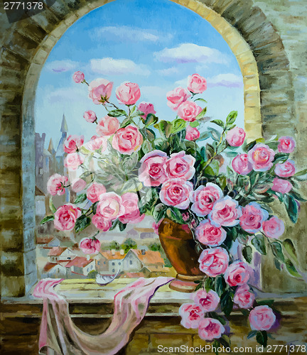 Image of bouquet of peonies at the window