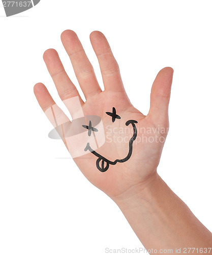 Image of Hand with smiley isolated on white, concept of communication