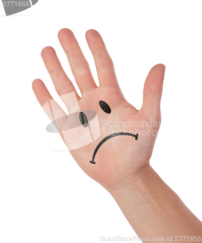 Image of Hand with smiley isolated on white, concept of communication