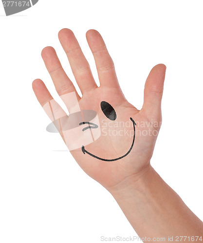 Image of Hand with smiley isolated on white, concept of communication