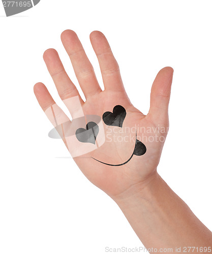 Image of Hand with smiley isolated on white, concept of communication