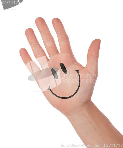 Image of Hand with smiley isolated on white, concept of communication