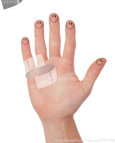 Image of Hand with smileys isolated on white, concept of communication